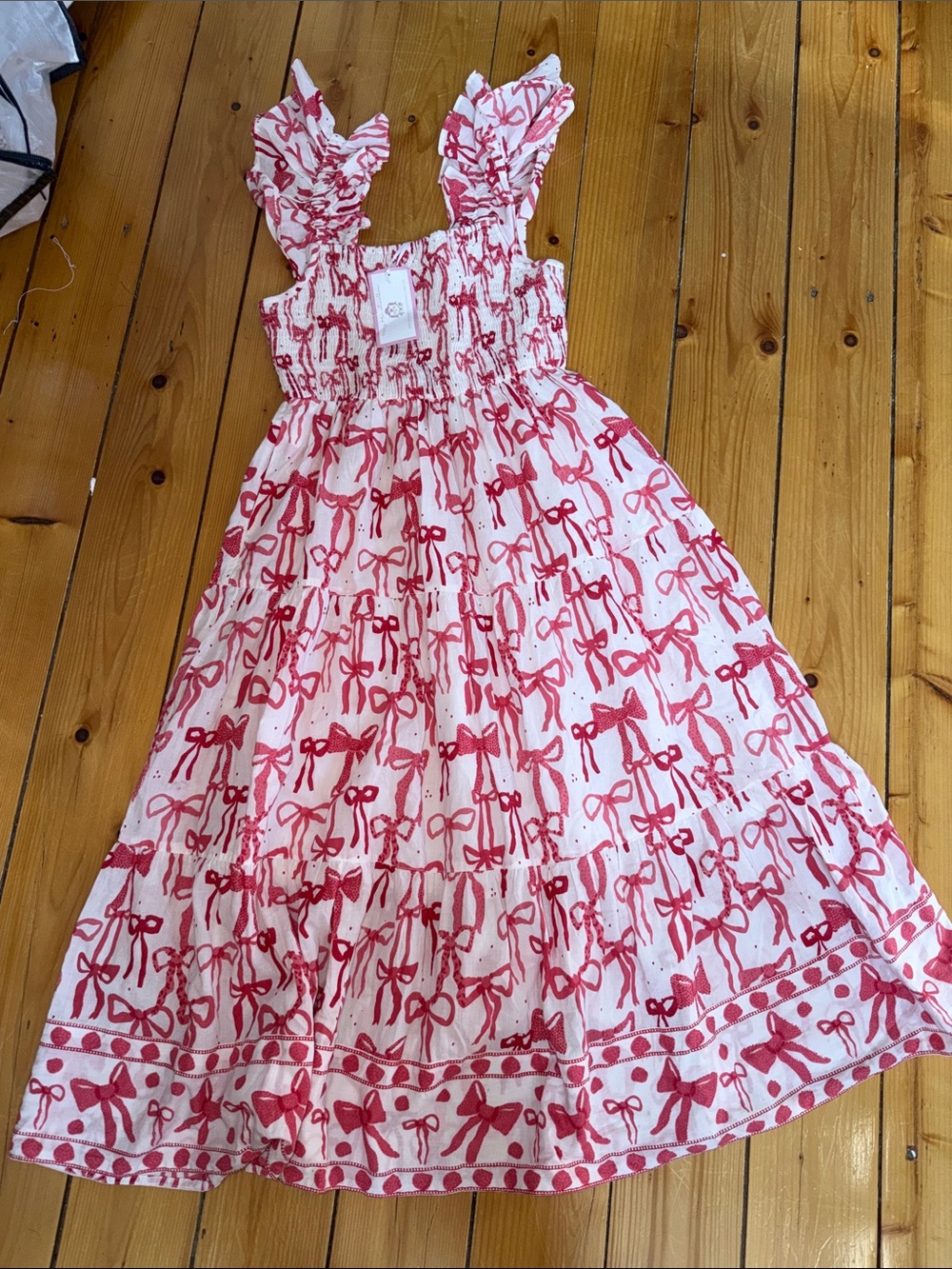Mary Marshmallow Pink Bow-Print Sundress with Ruffle Straps NWT size M